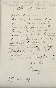 Letter from Renoir to Berthe Morisot Regarding Her First Exhibition, 25th May 1892